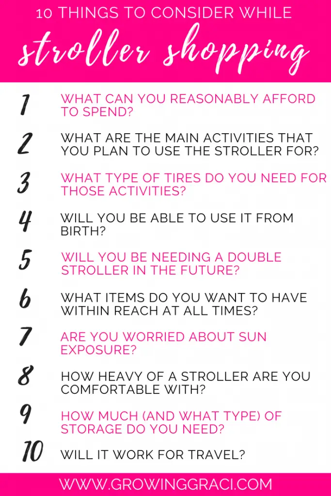 Picking a stroller is overwhelming. Your stroller is one of the most important pieces of baby gear that you'll buy. Check out these 10 things to consider.